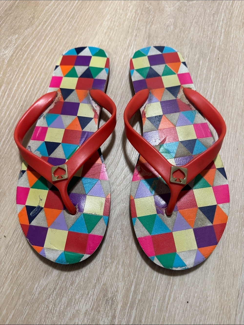 kate spade Multicolor Geometric Flip Flops with Red Straps
